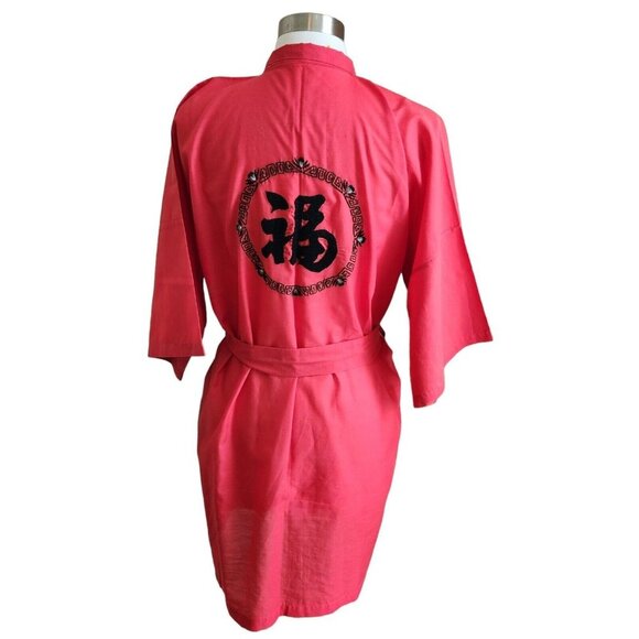Kimono Style  Robe Chinese Embroidery Red Belted Cotton‎ Blend (Flaw) - Picture 4 of 14